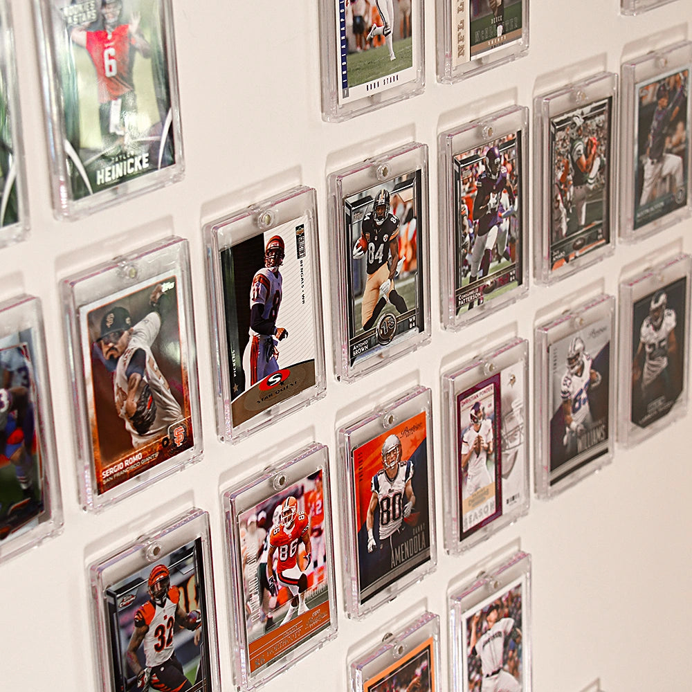 Close-up of trading cards in FlexDeez magnetic display cases