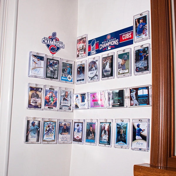 Chicago Cubs trading card displayed in FlexDeez wall-mounted frames
