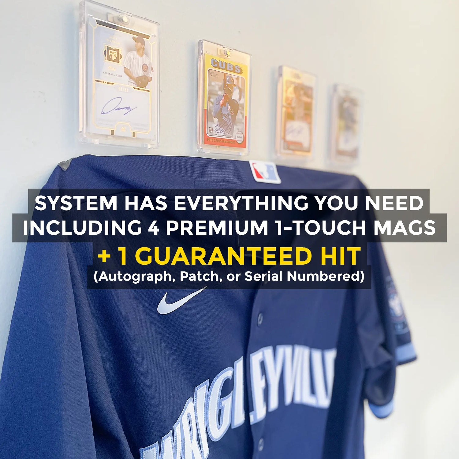 FlexDeez magazine display system mounted on wall showing 4 premium 1-Touch trading card cases with guaranteed hit promotion featuring autograph, patch, or serial numbered cards