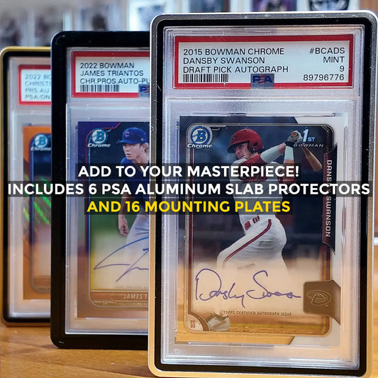 Angled trio of PSA-graded cards in FlexDeez magnetic wall holders