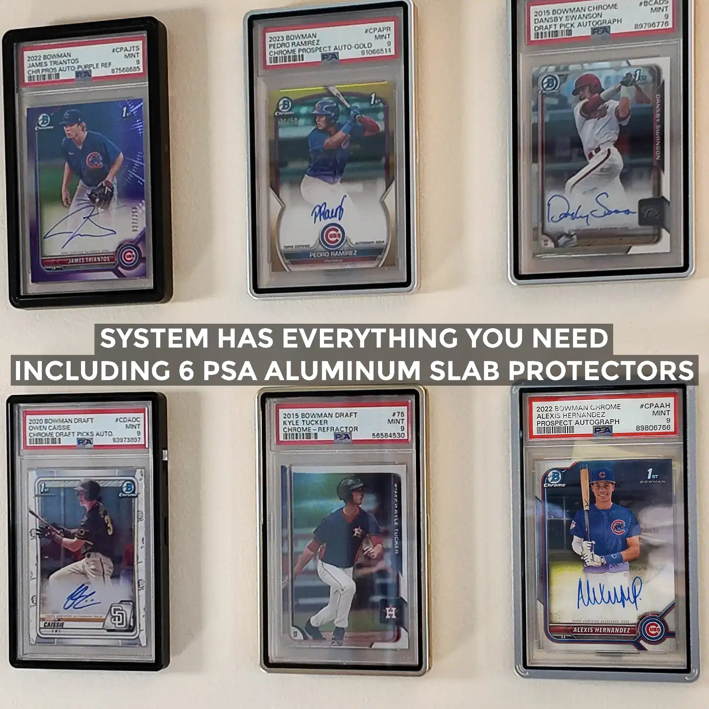 Top-down view of six PSA cards mounted in FlexDeez wall frame layout