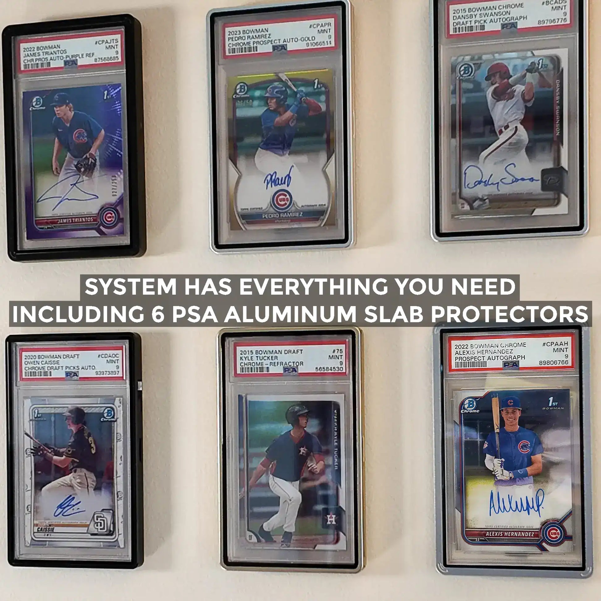Top-down view of six PSA cards mounted in FlexDeez wall frame layout