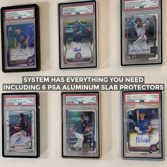 Top-down view of six PSA cards mounted in FlexDeez wall frame layout
