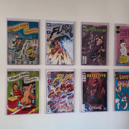 Close-up of comic book in wall-mounted FlexDeez TopLoader display