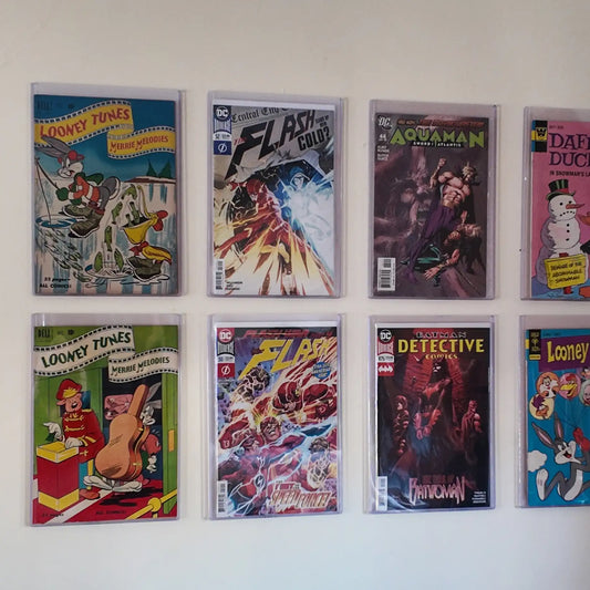 Close-up of comic book in wall-mounted FlexDeez TopLoader display